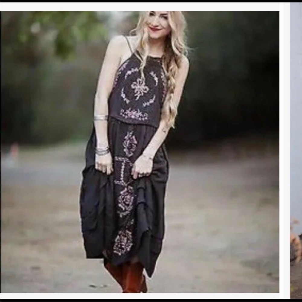 Free People Diamonds in sky midi Black pink Embroidered Dress Classic Rare XS